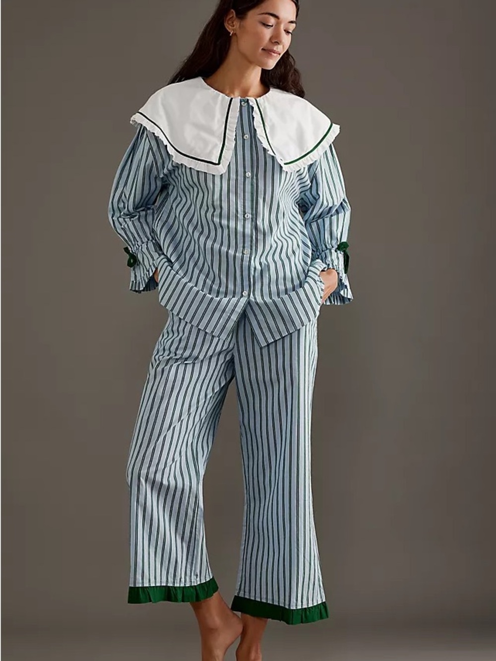 Damson Madder Striped Blue & White Pajama Set with Green Trim - US Size 14